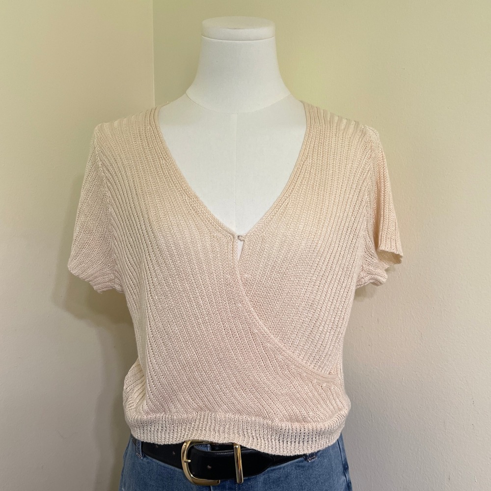 ASTR The Label Cream 100% Linen Wrap Knit Top Short Sleeve Sweater ACT16834 Med